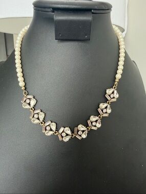 LOFT faux pearl rhinestone baguette necklace statement jewelry 21”